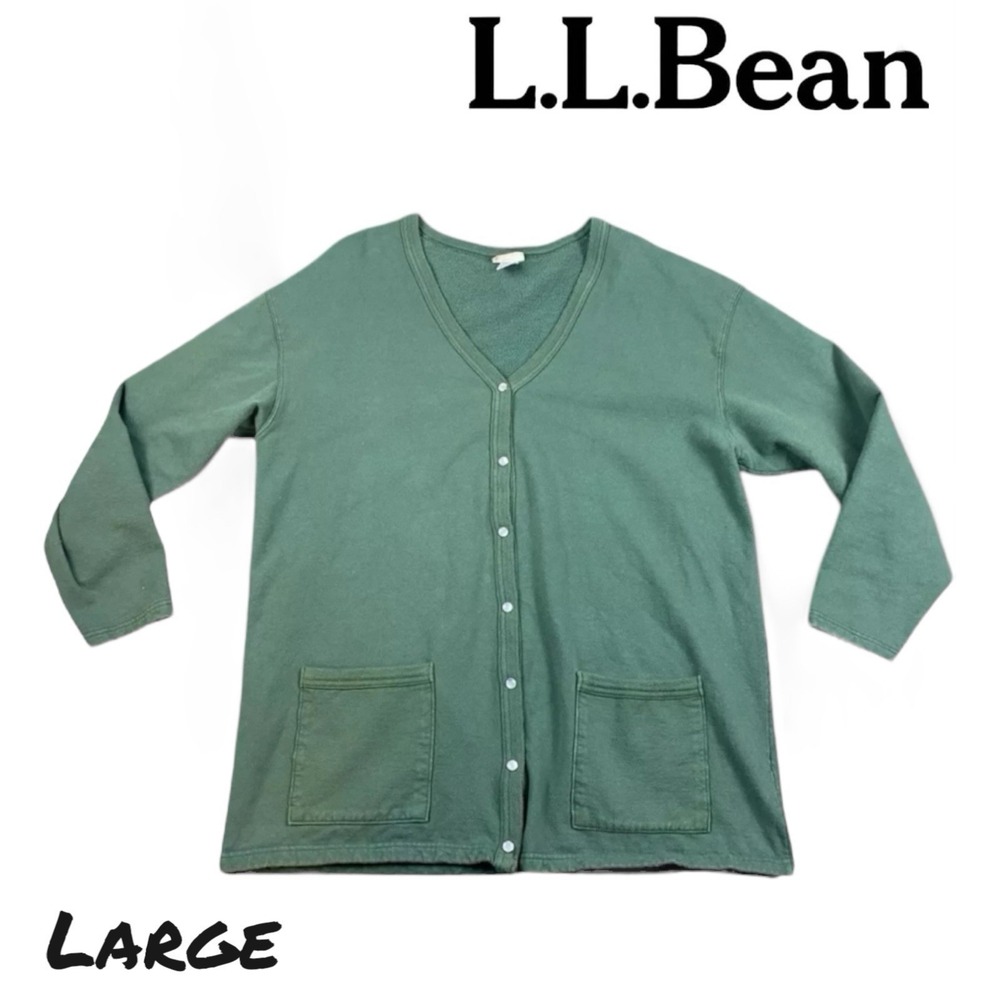 VTG LL Bean Cardigan Womens LRG Green Cotton Fleece Lined Button Freeport Maine